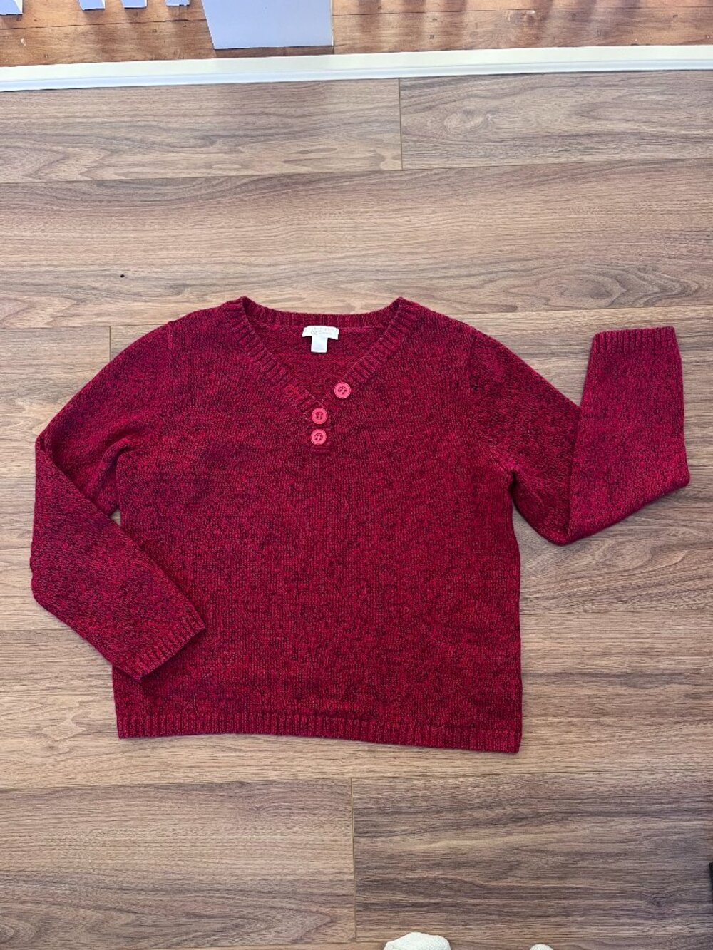 Christopher & Banks Red Marled Sweater Women’s XL 100% Cotton V Neck Henley